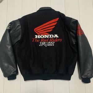 激レア 美品 90s USA製 FOX HONDA 袖革スタジャン 黒 L 刺繍