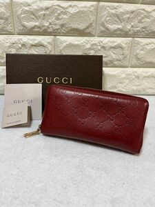 GUCCI グッチ ラウンドファスナー ジッピーウォレット 長財布　GGシマレザー　レッド