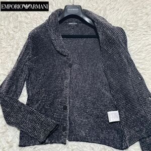 極美品◎エンポリオアルマーニ 光沢ベロア調ニット ジャケット カーディガン EMPORIO ARMANI モザイクチェック 黒タグ セーター サイズ48