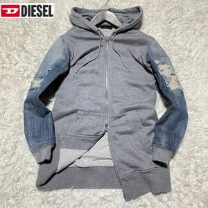 極美品●L相当◎DIESEL ディーゼル デニム切替 パーカー Gジージャン ジャケット ジップアップ フード インディゴ ダメージ加工 ロゴ金具