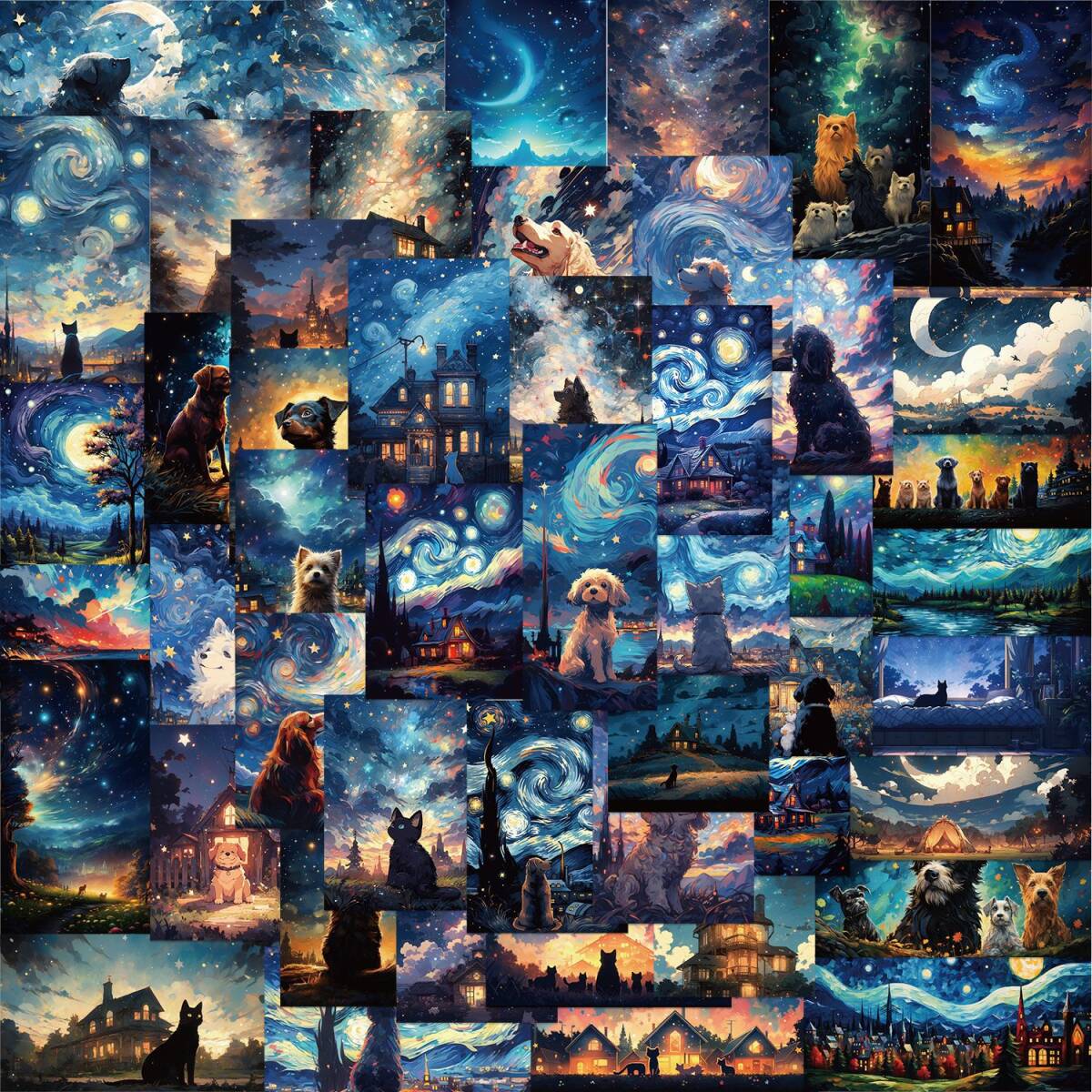 Van Gogh Style Dog Cat Pet Oil Painting Painting Western Painting Van Gogh Style Landscape Night Sky Starry Sky Seal Sticker 50 Sheets SA, motorcycle, accessories, sticker, decal