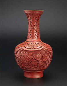 民国 剔紅花卉紋瓶 中国 古美術