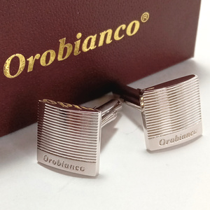 【oac78】新品　Orobianco オロビアンコ　カフス　カフリンクス　シルバー　Dスクエア　ロゴ＆ストライプ　タイピンとセット使いも◎