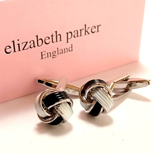 【epc77】新品　ELIZABETH PARKER 　エリザベスパーカー　カフス　カフリンクス　ノットタイプ　シルバー　ブラック×ホワイト 黒白 結び目