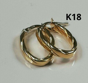 【本物】K18 18金 18k YG イエローゴールド フープピアス《楕円形＆幅広タイプ》リングピアス