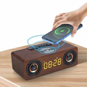 Bluetoothスピーカー ワイヤレススピーカー 木製 ブルートゥーススピーカー　木 目覚まし 時計 アラム 5種類アラーム音 ブラウン