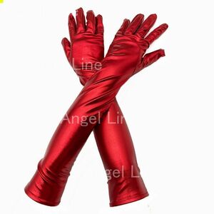 224033 super lustre long fake leather metallic gloves red color silver gila Tokyo .. shipping 