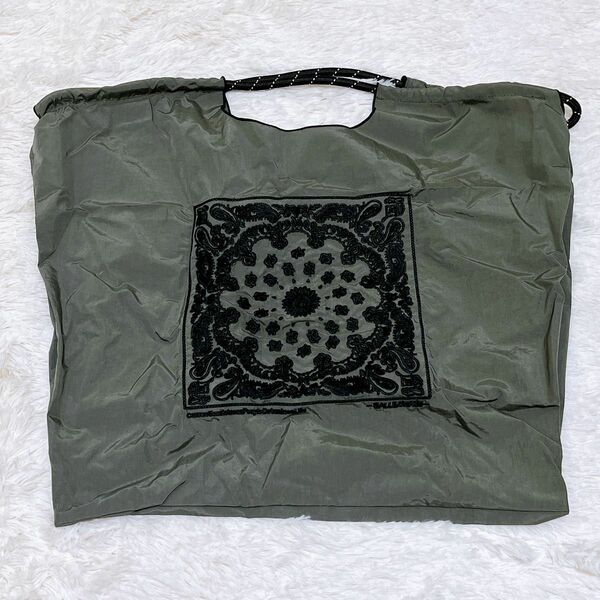 新品 刺繍 エコバッグ Lサイズ 韓国 インポート ペイズリー カーキ トートバッグ