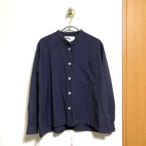 MHL.(エムエイチエル) ネイビー 長袖 シャツ ブラウス ノーカラー TRIPE COTTON OXFORD