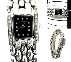  beautiful goods CHAUMET Chaumet Kei sis diamond 32P clock pave diamond quartz black face black black regular price 70 ten thousand 