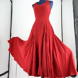 『送料無料』【美品 フラメンコ衣装】濃レッド×リボン ドレス 大きく広がる裾 ワンピース Flamenco タンゴ