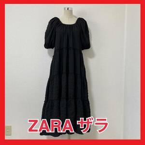 【ZARA ザラ】黒 バルーンスリーブ フレアワンピース XS サッカー生地