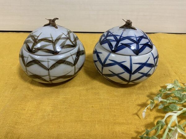新品未使用☆アンティーク蓋物 笹の葉柄 陶器の小物入れ 2個セット☆蓋付き碗小壺漬け物入れ梅干しシュガーポット砂糖入れ骨董品砥部焼