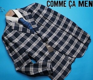 新品定価4.7万円 COMME CA MEN コムサメン 春夏 楊柳 リネンチェック ジャケットM紺(09) 15JY16