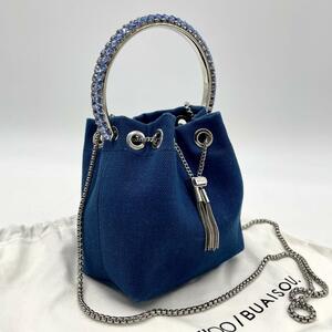 【極希少 日本限定】JIMMY CHOO ジミーチュウ BUAISOU コラボ ショルダーバッグ 2way 巾着 濃紺 ネイビー 藍染 スワロフスキー チェーン