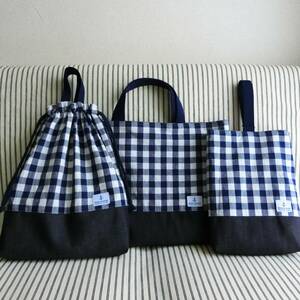  hand made lesson bag shoes inserting gym uniform sack navy blue check Denim squid li