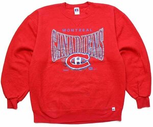 ★90s USA製 RUSSELLラッセル NHL MONTREAL CANADIENS 前V スウェット 赤 L★オールド ビンテージ カナディアンズ アイスホッケー スポーツ