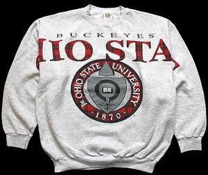 ★90s USA製 BUCKEYES OHIO STATE タータンチェック ビッグロゴ スウェット 杢ライトグレー L★オールド カレッジ オーバーサイズ