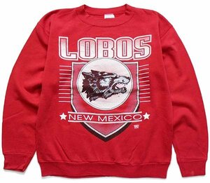 ★90s USA製 LOBOS NEW MEXICO ウルフ ビッグロゴ スウェット 赤 L★オールド バスケ スポーツ カレッジ デカロゴ