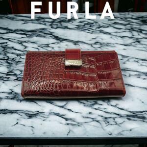 FURLA　財布　クロコ柄　赤　茶