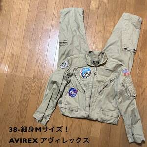 38-細身Mサイズ！AVIREX アヴィレックス 古着長袖つなぎ オールインワン ジャンプスーツ カーキ 韓国製 