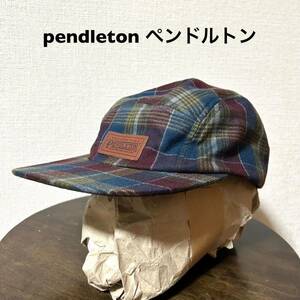 pendleton ペンドルトン 古着ファイブパネルキャップ チェック柄 フリーサイズ 中国製 薄手 ウール100% ワークキャップ 帽子