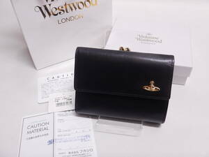 極美品■ Vivienne Westwood ヴィヴィアンウエストウッド オーブ レザー 二つ折り がま口 財布 ウォレット■ブラック黒