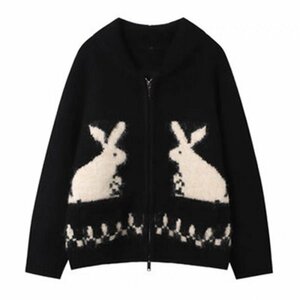 織り込みウサギ模様 着映え セーター おしゃれ レディース ゆったり チュニック 暖かい ブラック