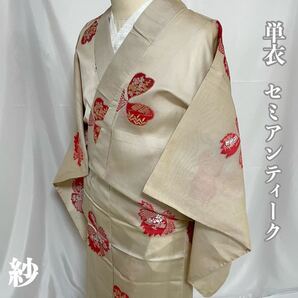 【Wellriver】単衣 セミアンティーク 紗 桜 花柄 蘇州刺繍 正絹 和装 和服 着物 #C631.の画像1