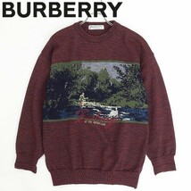 英国製 ヴィンテージ◆BURBERRYS バーバリー Water's Edge 釣り 白鳥 ロゴ刺繍 ウール ニット セーター ボルドー M_画像1