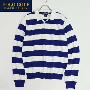 ヴィンテージ◆POLO GOLF ポロゴルフ ラルフローレン ボーダー柄 ニット 長袖 ポロシャツ ブルー×ホワイト LL