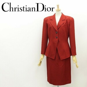 美品 ヴィンテージ◆Christian Dior クリスチャン ディオール シルク混 ジャケット＆スカート スーツ セットアップ レッド 11