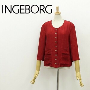 ◆INGEBORG インゲボルグ チェック柄 七分袖 薄手 ノーカラー ジャケット 赤 レッド M