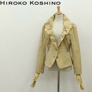 ◆HIROKO KOSHINO ヒロココシノ シルク混 ギャザー フリルカラー 2釦 ジャケット ベージュ 38