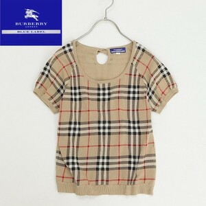 ◆BURBERRY BLUE LABEL バーバリー ブルーレーベル ノバチェック柄 リボン 半袖 コットン ニット トップス ベージュ M