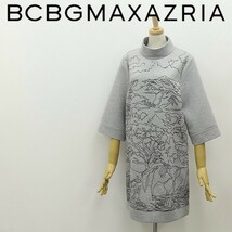 ◆BCBG MAXAZRIA マックスアズリア ストレッチ フロント刺繍 ハイネック モックネック ワンピース グレー XS_画像1