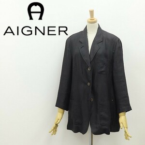 ◆AIGNER アイグナー リネン100％ ロゴ刺繍 3釦 ジャケット チャコールグレー 46 大きいサイズ