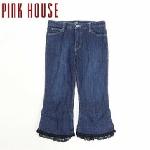 ◆PINK HOUSE ピンクハウス ストレッチ ワンポイント刺繍 レース フリル リボン クロップド デニム パンツ ジーンズ インディゴブルー S_画像1