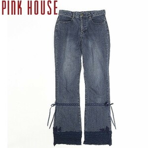 *PINK HOUSE Pink House stretch ribbon knitted flower motif race switch Denim pants jeans indigo blue S