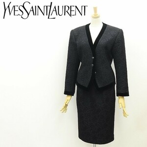 ヴィンテージ◆Yves Saint Laurent イヴサンローラン 総柄 ノーカラー ジャケット＆スカート スーツ セットアップ ブラック M/L