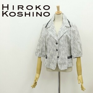 ◆HIROKO KOSHINO ヒロココシノ 総柄 シアサッカー コットン ボリュームスリーブ ジャケット 白 ホワイト×ブラック 38