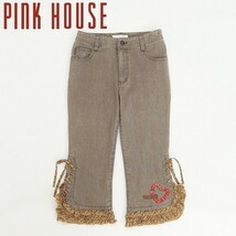 ◆PINK HOUSE ピンクハウス ハート＆ロゴ刺繍 裾チェック柄フリル サイドレースアップ クロップド デニム パンツ ジーンズ ブラウン S_画像1