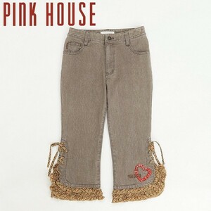 *PINK HOUSE Pink House Heart & Logo embroidery hem check pattern frill side race up cropped pants Denim pants jeans Brown S