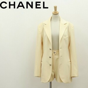  Vintage *CHANEL Chanel 98P hem reverse side chain wool metal button jacket & tuck short pants suit setup 34