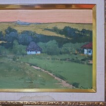 【真作保証】 スチーリ(Leonid Mikhailovich Stil)「暖かい夕べ」 油彩6号 月光荘取扱 (現代ソビエト絵画) 月光荘銘板 叙情的田園傑作_画像4