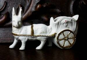 フランスアンティーク ビスキュイの兎 小さなウサギのフィギュリン 素焼き陶器 荷台を引くうさぎ ロバ 骨董古美術 ビスク
