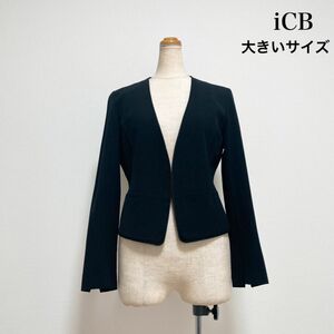 iCB アイシービー カラーレスジャケット リネン混 黒 サイズ４ 大きいサイズ 仕事 セレモニー 入学式 入園式 卒業式 卒園式