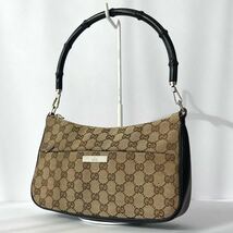 1円 ◎ GUCCI グッチ ハンドバッグ バンブー GGキャンバス レザー 001・3865 001274 プレート金具 ワンショルダー 肩掛け ブラウン系_画像1