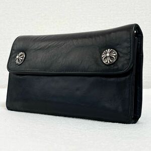 1円 ◎ CHROME HEARTS クロムハーツ ウェーブウォレット 長財布 黒 ブラック レザー WAVE Wallet ダガー クロスボタン 三つ折財布 