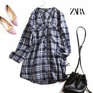 ZARA BASIC ザラ ベーシック 春 夏 ゆったり ロング丈 軽やか チェック柄 長袖 シャツ ブラウス XS ネイビー 紺 ホワイト 白 カジュアル